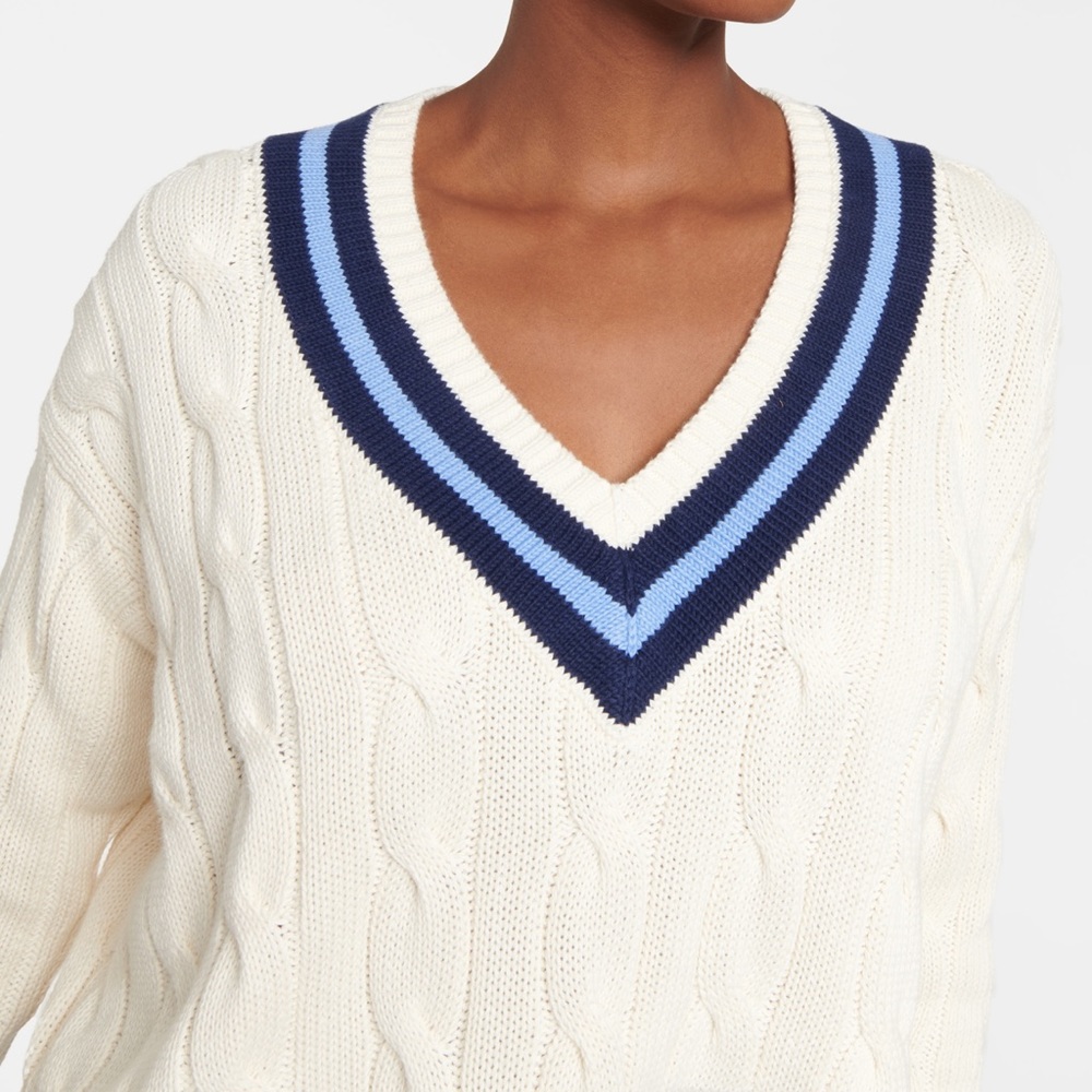 Polo by Ralph Lauren Cream Cable-Knit V-Neck Sweater with Navy & Light Blue Trim - Picture 7 of 9